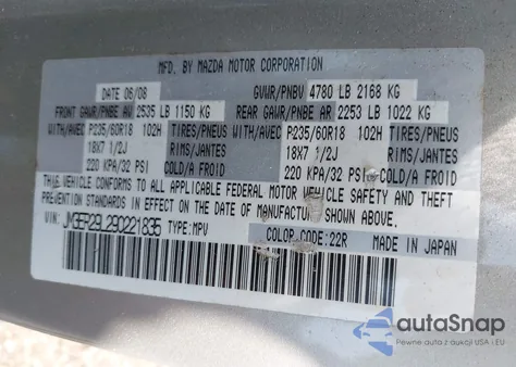 2009 Mazda Cx-7 Sport z USA, uszkodzony, nr VIN JM3ER29L290221835